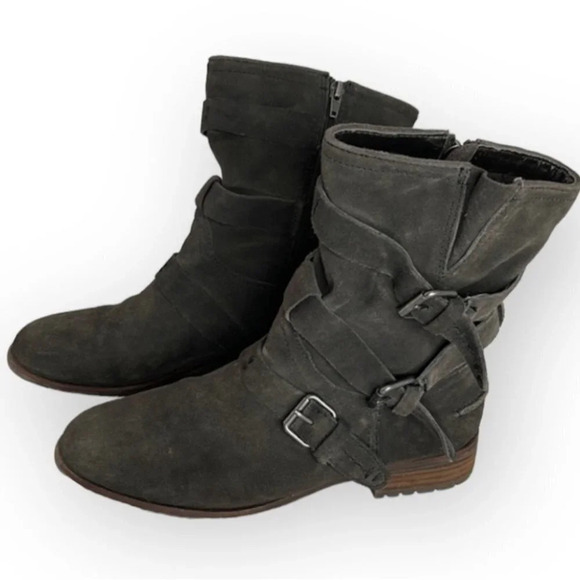 DOLCE VITA Suede Moto Boots Grey Leather Buckle Strap Zip Low Heel Grunge 9.5 - Picture 2 of 13